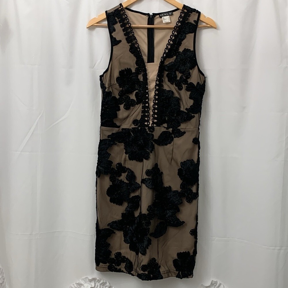 Venus Floral Embroidered Illusion Mesh Sleeveless Mini Dress Black Tan 6